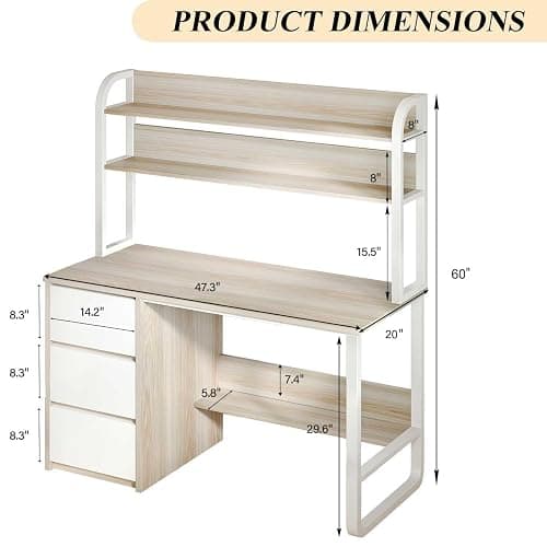 MaverickFurni Computer Desk with Hutch, 47 Inch Small Desk with 3 Drawers for Bedroom, Study Writing Desk with Shelves for Small Spaces, Adjustable Feet, Light Walnut thumbnail 2