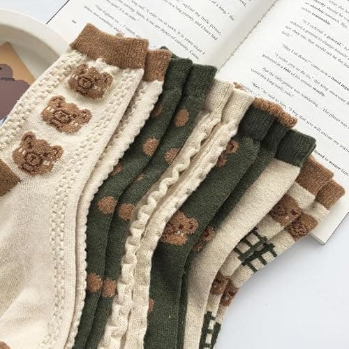 6 Pair Cute Cotton Kawaii Bear Ankle Socks - Preppy Ruffle Japanese Thick Fall Vintage Crew Socks for Women thumbnail 7