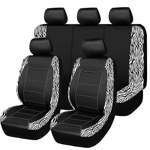 Flying Banner car seat Covers Protects Zebra Printing Velvet Faux Leather Carbon Fiber Front and Rear Bench Full Set (Zebra Black, Full Set - 8PCS) - Image 1