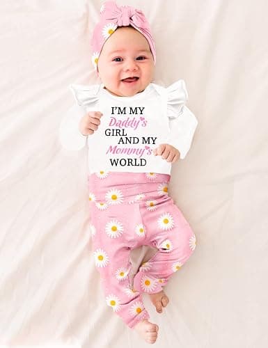 TyeSmo Infant Newborn Baby Girl Clothes Baby Girl Outfits For All Seasons Long Sleeve Snap Romper Pant Sets With Headband thumbnail 3