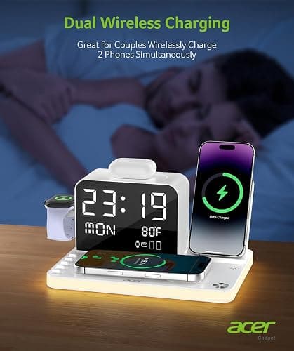Acer 7-in-1 Wireless Charging Station with LED Clock - 30W Fast Wireless Charger for iPhone 16/15/14/13/12/Pro Max, Apple Watch, AirPods - Bluetooth Auto Time Sync & Night Lights (White) thumbnail 4