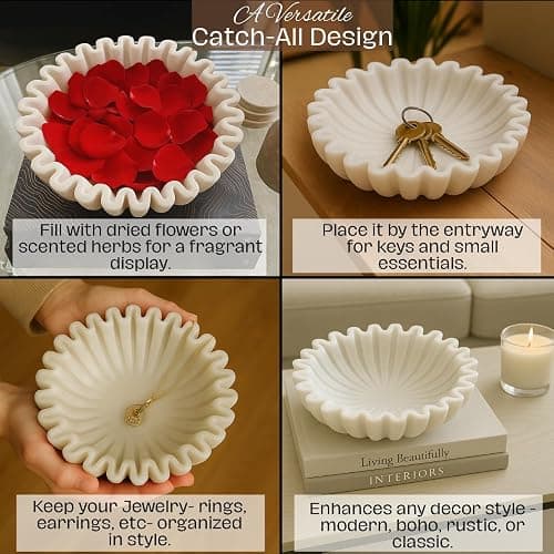 SWADESHI BLESSINGS HandCrafted Marble Ruffle Bowl/Antique Scallop Bowl/Fruit Bowl/Vintage Ring Dish/Decorative Flower Dish/HouseWarming Gift/Wedding Gifts/Urli (8 Inches) thumbnail 5