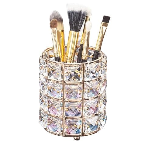LUGUNU Makeup Brush Holder Organizer Crystal Vanity Decor Bling Personalized Comb Brushes Pen Storage Box Container (Gold 1 Pack) - Image 1