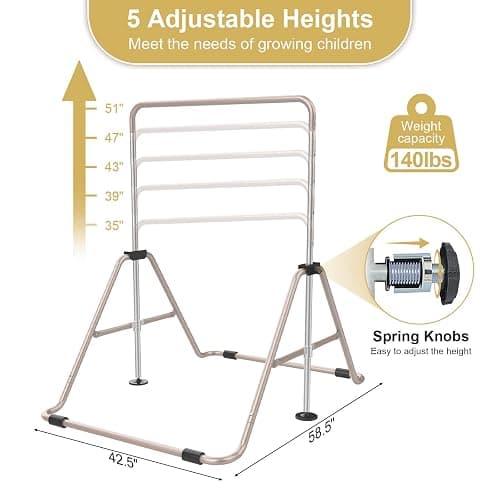 SHIWEI Gymnastics Bar for Kids, Gymnastic Kip Bar 5-Height Adjustable Home | Foldable, Indoor Outdoor Use, 140lb Capacity, for Ages 3-8, with Gymnastics Rings, Anti-Slip & Space-Saving Design thumbnail 2