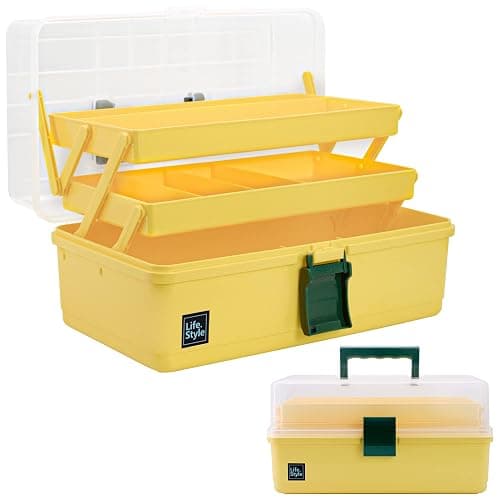 Creahaus 13 inch Art Craft Organizer Storage Box with 3 Layer, Multipurpose Plastic Tool Box with Handle for Sewing, Art Supply, Medicine, Nail, Hair Accessories (Yellow) - Image 1