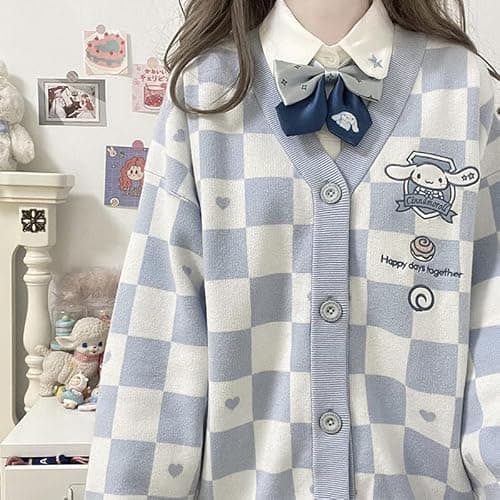 Kawaii Sweater Anime Plaid Cardigan Sweaters Cardigan for Women Cosplay Costume V Neck Long Sleeve thumbnail 6