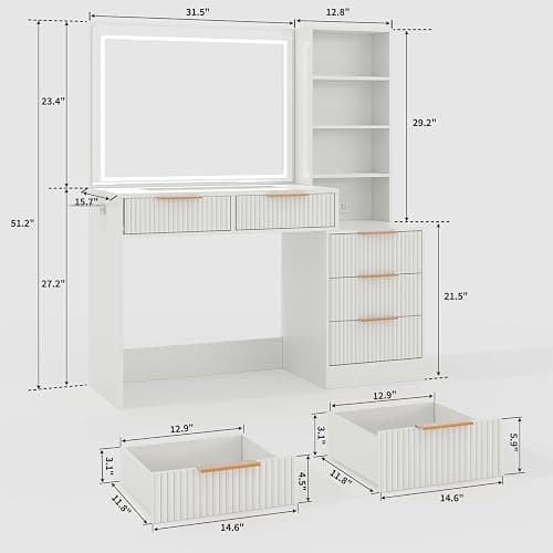 Makeup Vanity Desk with Smart LED Mirror & Charging Station, Large 48" Fluted Wood White Vanity Desk with Power Outlets and USB Ports Modern Glass Top with 5 Storage Drawers Dressing Table for Bedroom thumbnail 2