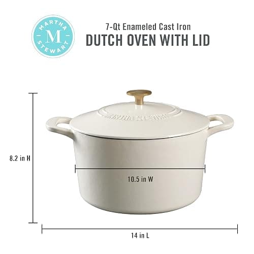 MARTHA STEWART Gatwick 7-Quart Enamel Cast Iron Dutch Oven – Linen White With Gold – Heavy-Duty Dutch Oven for Slow Cooking, Braising & Baking thumbnail 3