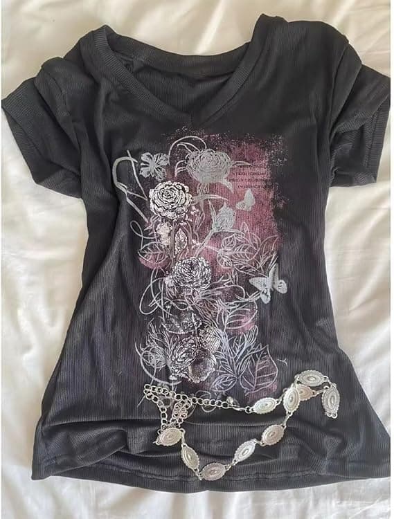 Women Y2k Emo Grunge Shirts 21st Century, Vintage Graphic Baby Tees Short Sleeve Punk Gothic T Shirt Tops Teens Alterwear Going Out Shirt Streetwear Summer thumbnail 4