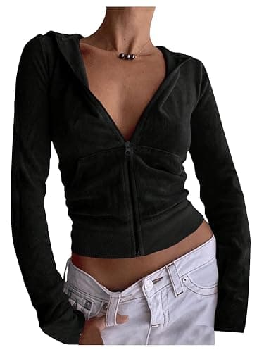 SOLY HUX Women's Zip Up Cropped Hoodies Sweatshirt Long Sleeve Casual Velvet Jacket with Pockets - Image 1