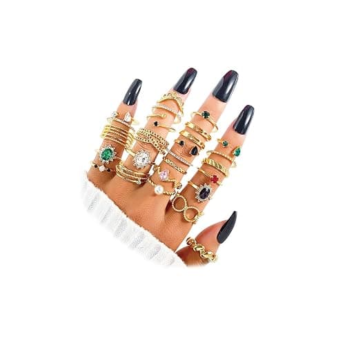 Gold Boho Sparkle Knuckle Rings Set For Women, Vintage Fashion Aesthetic Trendy Joint Snake Ring Pack, Retro Green Black Pink Colorful Rhinestone Star Crystal Leaf Diamond Pearl Jewelry - Image 1