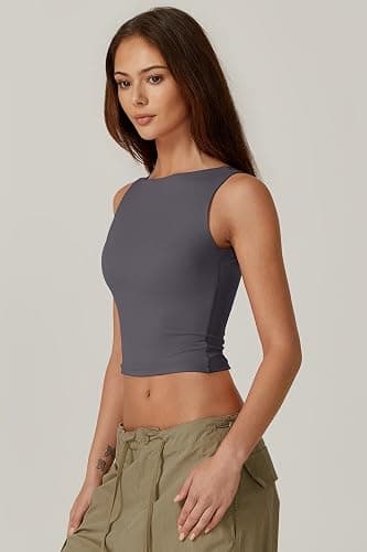 QINSEN Women's Sexy Open Back Sleeveless Crop Tank High Neck Slim Fit Cropped Tee Shirt Y2k Tops thumbnail 5