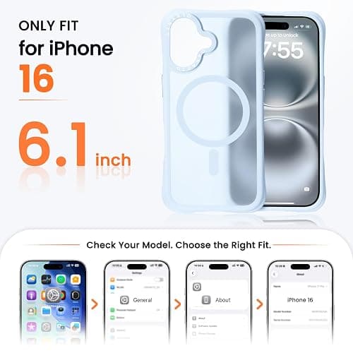ORNARTO Magnetic for iPhone 16 Case 6.1", 20FT Military-Grade Drop Protection, Compatible with MagSafe, Slim Shockproof Translucent Matte Phone Case for iPhone 16, Baby Blue thumbnail 2