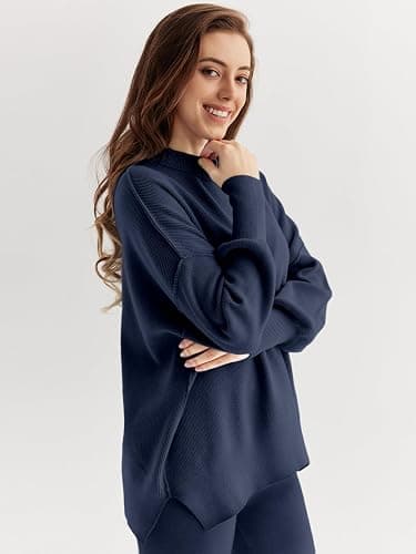 LILLUSORY Women 2 Piece Outfits Sweatsuit Oversized Knit Pullover Sweater Tops Wide Leg Pants Lounge Set thumbnail 3
