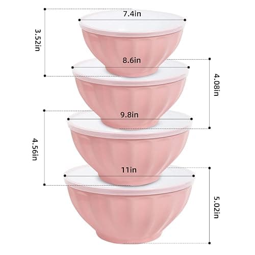 JCXivan Mixing Bowls with Lids Set,4 Piece Large Plastic Nesting Bowls,Includes 4 Microwave safe Mixing Bowl and An Egg Whisk for Kitchen Prepping,Baking,Cooking Food, Pink thumbnail 3
