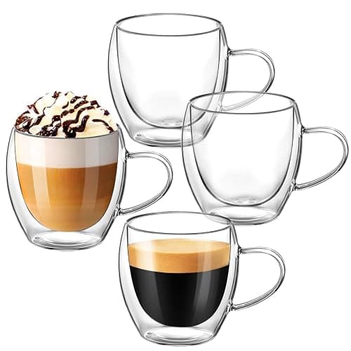 Osrioal Double Walled Glass Mugs, 4 x 250ml Glass Coffee Mugs, Heat Resistant Coffee Cups, Clear Coffee Glasses with Handle, for Cappuccino Tea Milk Latte Juice ﻿ - Image 1