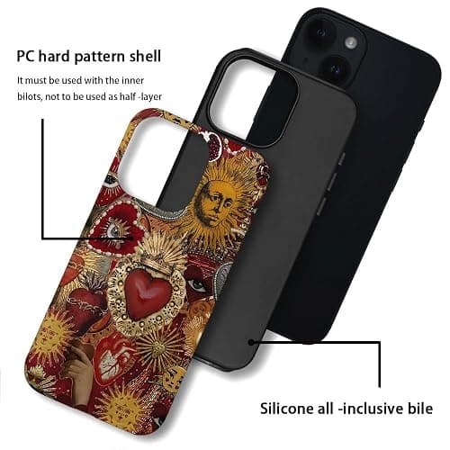 Case Compatible with iPhone 13,Scratch Resistant Hybrid 2-Layer Hard Shell Phone Case,Vintage Sacred Heart Sun Red thumbnail 3