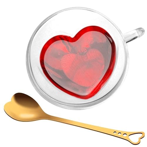 Heart Shaped Cup - Double Walled Insulated Glass Coffee Mug or Tea Cup - Double Wall Glass 10oz (300ml) - Clear - Unique & Insulated with Handle - With Teaspoon thumbnail 3