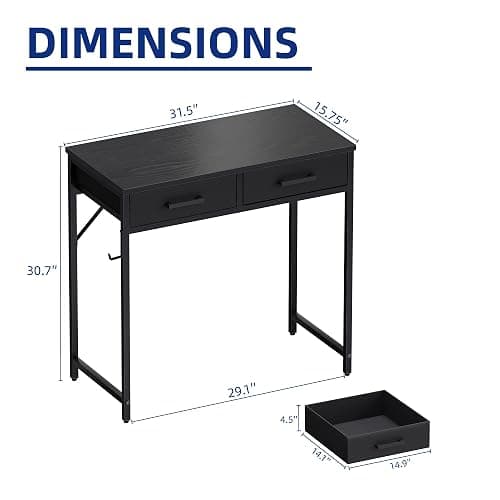 Pamray 32 Inch Small Computer Desk with 2 Drawers for Bedroom Study Writing Home Office Table for Small Spaces Black thumbnail 3