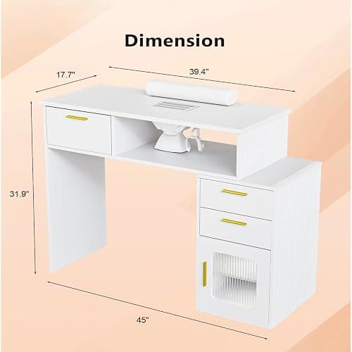 OmySalon Nail Desk with Ribbed Design & Electric Dust Collector - Nail Tech Station with Storage Drawer, Fluted Glass Cabinet & Wrist Cushion for Home Salon & Spa (White) thumbnail 3