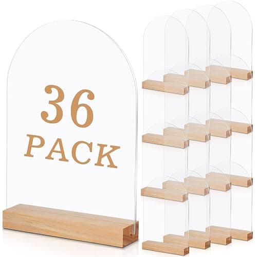 Unittype 36 Pack 5 x 7 Inch Clear Arch Acrylic Sign with Wooden Stands Round Top Blank Arch Acrylic Table Numbers Sign Ideal for DIY Menu Numbers and Name Card Wedding Party Reception - Image 1