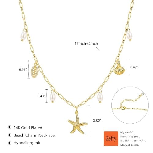 Zeffy Shell Necklace for Women,14K Gold Plated Layered Starfish Conch SeaShell Pearl Pendant Charm Necklace Stack Waterproof Dainty Beach Jewelry for Summer Vacation thumbnail 6
