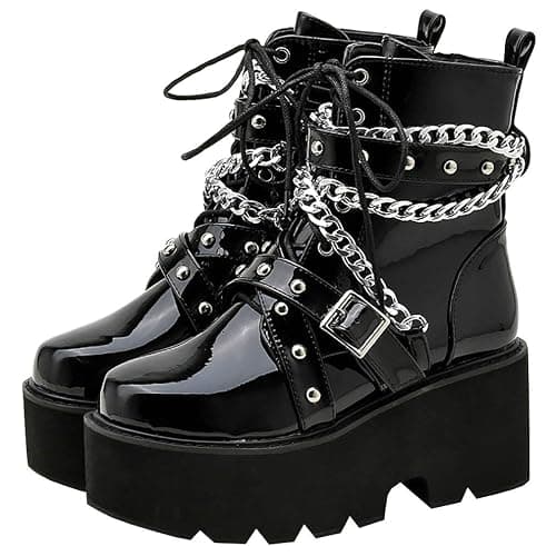 Parisuit Womens Goth Patent Ankle Boots Platform Chunky High Heel Lace Up Combat Boots Punk Short Booties - Image 1