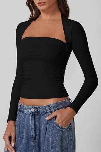 QINSEN Long Sleeve Square Neck Tops for Women Double Lined Side Ruching Going Out Shirts Basic Tee thumbnail 3