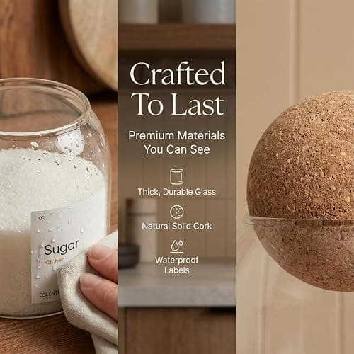 Livabl Tea Coffee and Sugar Canisters Set - Set of 3 Unique Cork Ball 500ml Glass Jars - Perfect Sugar Tea Coffee Set Organiser thumbnail 4