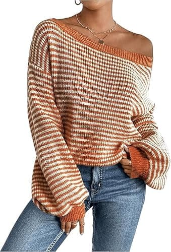 Women's Oversized Striped Sweater Casual Off The Shoulder Sweater Fall Long Sleeve Loose Knit Pullover Jumper Tops thumbnail 5