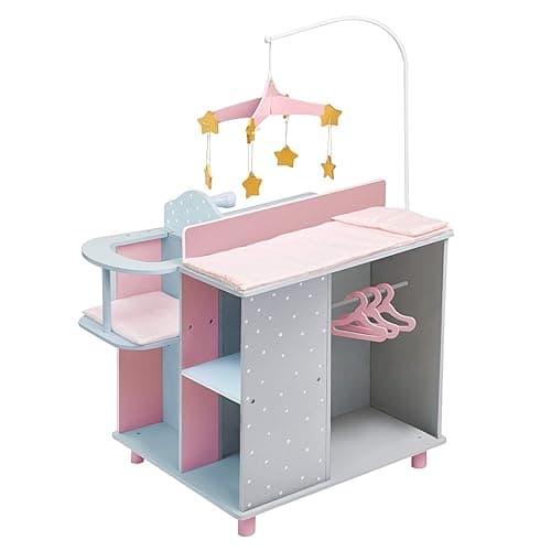 Olivia's Little World 6-in-1 Wooden Baby Doll Changing Station with Crib, Changing Table, High Chair, Double-Door Closet, Sink and Washing Machine, Multicolored - Pink/Grey