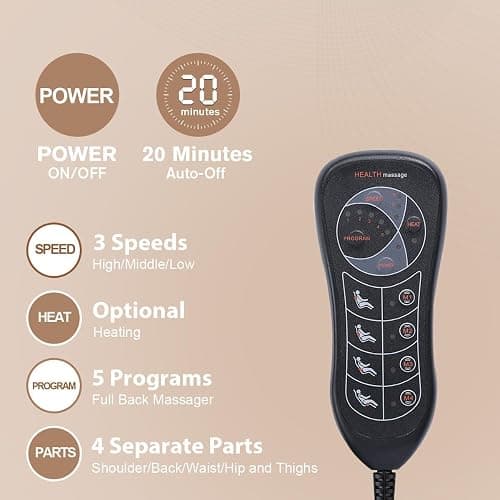 SLOTHMORE Back Massage Chair Pad, Back Massager with Heat for Pain Relief, Chair Massager for Full Body Massage, Deep Tissue Vibration Massger with 2 Adapters, Chair Massager for Office and Recliner thumbnail 5