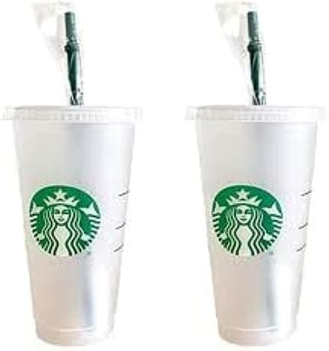 Starbucks 2 Pack Bundle - Reusable Frosted 24 oz Cold Cups with Lid and Green Straw w/Stopper - Image 1