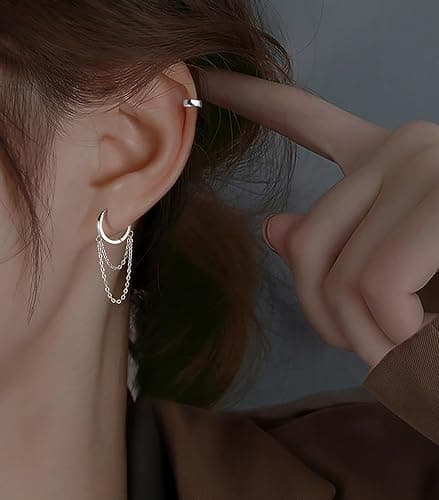 Reffeer Solid 925 Sterling Silver Tassel Chain Drop Dangle Small Hoop Earrings Huggie for Women Teen thumbnail 3