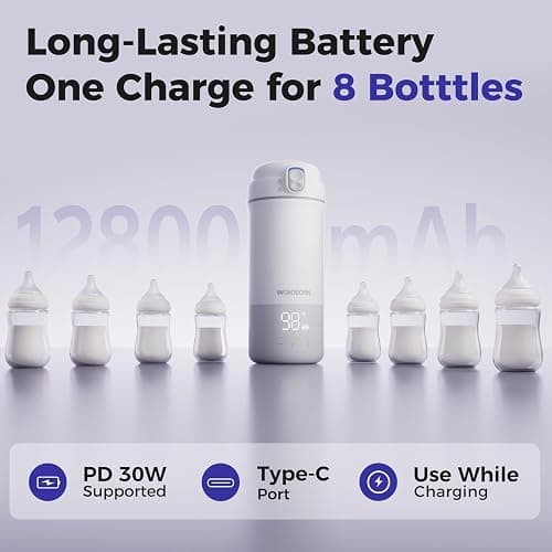 WONDBORN Portable Bottle Warmer for Travel, Dishwasher Safe, 3X Faster & Even Heating, 8 Feeds per Charge, 17oz, 1℉ Precise Adjust, Thaw, Keep Warm, Use While Charging, for Breastmilk & Formula thumbnail 6