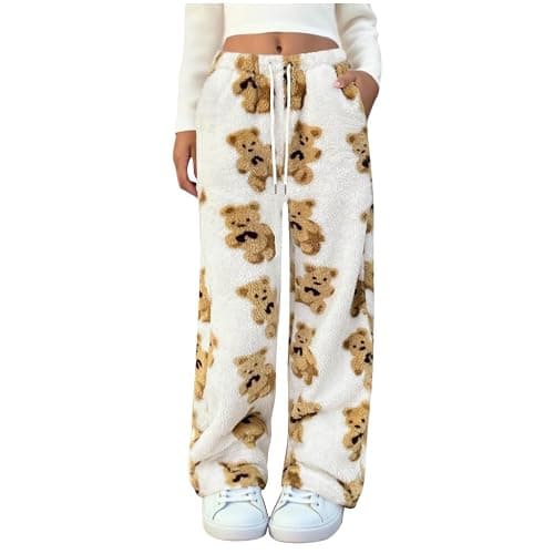 Zeiayuas Fleece Lounge Pants for Women UK Teddy Bear Pyjamas Bottoms Winter Plush Fluffy Pajama Pants Comfy Soft Warm Sleepwear Faux Fur Loose Trousers Girls Cute Print Trousers - Image 1