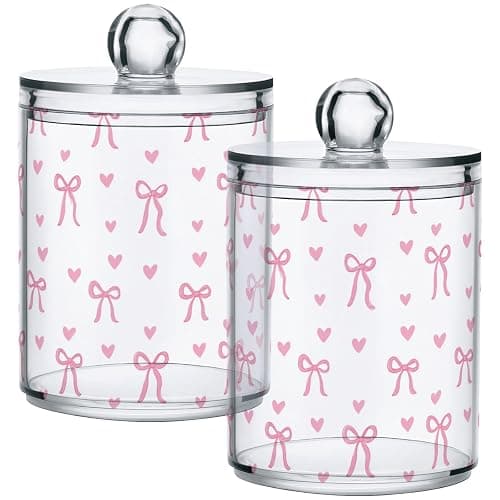 Gredecor 4 Pack Qtip Holder Clear Aesthetic Pink Ribbon Bow Apothecary Jars with Lids Acrylic Bathroom Jars Vanity Countertop Canister Storage Organizer for Cotton Ball,Swabs,Pads,Floss - Image 1