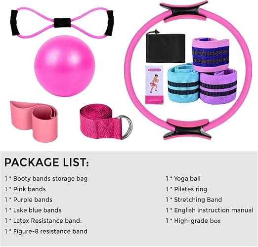 HoldOneLight Essential Pilates Workout Kit for Women – Includes Pilates Ring, 25cm Yoga Ball, Booty Bands & Figure-8 Resistance Band – Complete Home Pilates Equipment Set for Fitness Exercises thumbnail 8