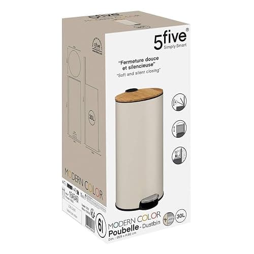 5five - Poubelle de Cuisine à Pédale Modern Color - Beige - 30L - Couvercle en Bambou, Seau Amovible - Pour Maison, Buanderie thumbnail 2
