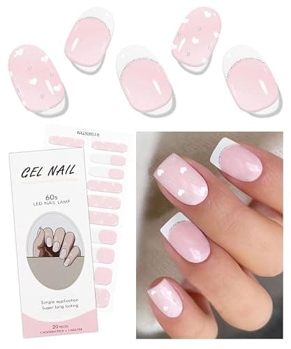 JMEOWIO Gel Nail Stickers White Heart French Tip Semi Cured Gel Nail Strips Wraps UV/LED Nails Art Design Decoration Accessories - Image 1