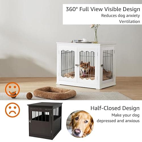 unipaws Furniture Style White Dog Crate for Medium Large Dogs, Indoor Aesthetic Dog Stuff Kennel, Modern Decorative Wood Wire Pet House Dog Cage, Pretty Cute End Side Table Nightstand… thumbnail 5