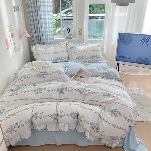 HOLY HOME Floral Print Ruffled Duvet Cover Set with Pillow Shams 3Pieces Elegant Princess Bedclothes (Bluerose, Twin) thumbnail 4