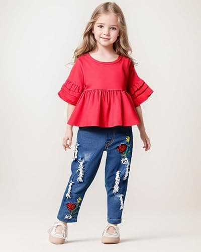 NZRVAWS Baby Girl Clothes Toddler Girl Outfits Infant Ruffle Shirt Denim Ripped Jeans Cute Clothing Set thumbnail 3