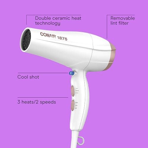 Conair Double Ceramic Hair Dryer with Diffuser | Blow Dryer with Ionic Conditioning | Includes Diffuser and Concentrator | Amazon Exclusive, White thumbnail 2
