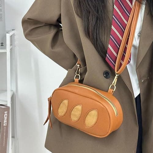Plush Toast Loaf Bread Crossbody Purse, Leather Cute Food Baguette Makeup Bag, Novelty Funny Mini Hotdog Pencil Shoulder Bag thumbnail 4