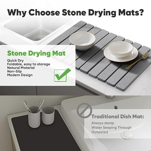 Stone Drying Mat for Kitchen Counter, Quick Diatomaceous Earth Mats for Dishes, 23.6"L x 15.7" W Super Absorbent Fast-Drying Collapsible Countertop Stone Mat (Light Grey, 24" x 16") thumbnail 5