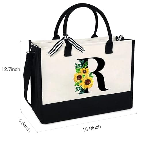 Sunflower Tote with Zipper Pocket, 13oz Monogram Tote Bags for Women, Birthday, Christmas, Teacher Gifts - R thumbnail 2