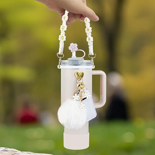 Velaco 11 PCS Stanley Cup Accessories - Water Bottle Handle Strap for 30/40 oz Tumbler with Handle, Including Straw Toppers, Silicone Cup Boot, Keychain Charms - White - 11 PCS White thumbnail 2