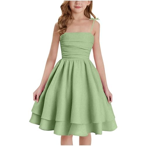 duxyoz Girl's Summer Dresses Spaghetti Strap Swing Pleated Cotton Dress Tween Kids Flowy Front Ruched Boho Beach Casual Midi Sundress for Princess Birthday Party Wedding Prom Gown - Image 1