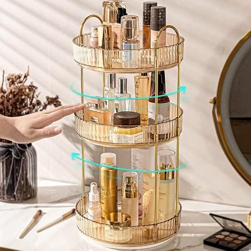 Makeup Organizer for Vanity, 360° Rotating Bathroom Organizer Countertop, High-Capacity Skincare Organizer, Spinning Cosmetics Organizer for Dresser Countertop (3 Tiers, Amber) thumbnail 3